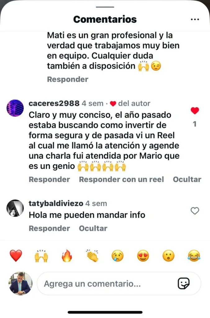 Comentario de cliente en Instagram sobre Juan Pablo Araoz